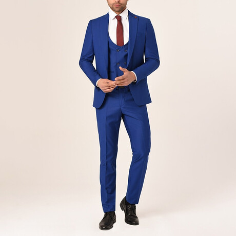 3-Piece Slim Fit Single Breasted 1 Button Suit w/ Double Breasted Vest // Royal Blue (Euro: 44)