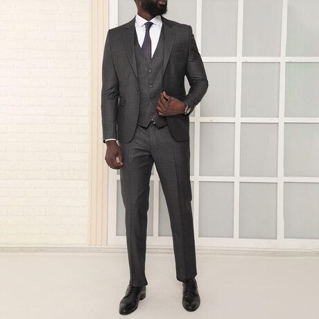 3 Piece Plain Slim Fit Mono Collar Single Button Suit // Dark Gray (Euro: 44)