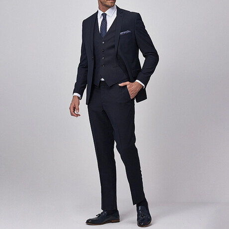 3-Piece Slim Fit Single Breasted 1 Button Suit Jacket w/4 Button Vest Suit // Navy (Euro: 44)