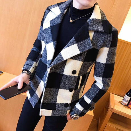 Checkered Short Double Breasted Jacket // Black + White + Black Melange (M)