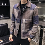 Multipattern Button Up Jacket // Brown + Blue (2XL)