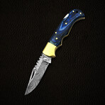 6.5" Handmade Blue Wood Handle // Damascus Pocket Knife // Leather Sheath