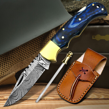 6.5" Handmade Blue Wood Handle // Damascus Pocket Knife // Leather Sheath