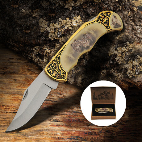 4.75" pocket knife // WOLF Printed On Handle With GIFT BOX
