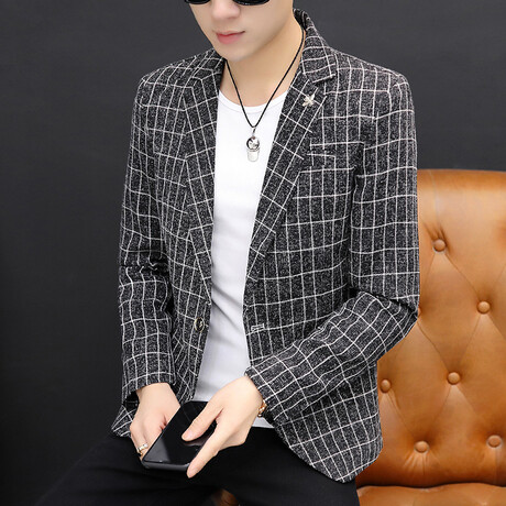 Men's Suit Blazer Checkered  Jacket // Black (XS)