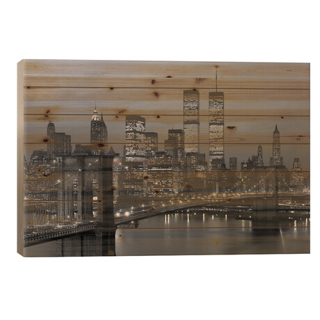 1980s New York City Lower Manhattan Skyline Brooklyn Bridge World Trade Center by Vintage Images (18"H x 26"W x 1.5"D)