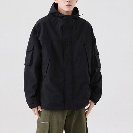 Button Arm Pockets Hooded Jacket // Black (XS)
