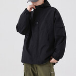 Button Arm Pockets Hooded Jacket // Black (L)