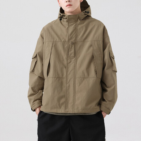 Button Arm Pockets Hooded Jacket // Khaki (XS)