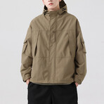 Button Arm Pockets Hooded Jacket // Khaki (L)