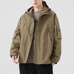 Button Arm Pockets Hooded Jacket // Khaki (L)