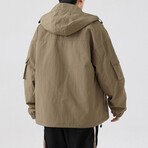 Button Arm Pockets Hooded Jacket // Khaki (L)