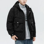 Button Up Front Pockets Hooded Jacket // Black (2XL)