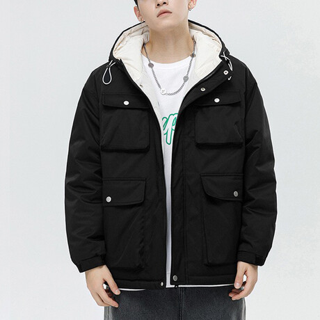 4 Front Pockets Hooded Jacket // Black (XS)