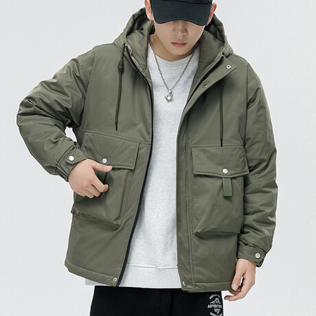 Button Up Front Pockets Hooded Jacket // Army Green (XL) - Rene Lion ...