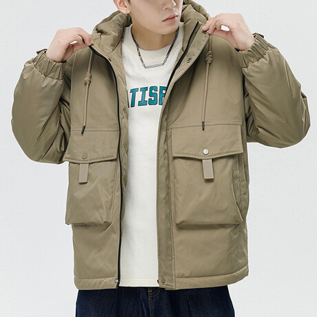 Button Up Front Pockets Hooded Jacket // Khaki (XS)