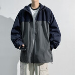 Color Block Hooded Jacket // Blue Navy + Gray (XL)