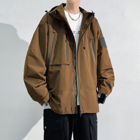 Front Zipper Pockets Hooded Jacket // Brown (XS)
