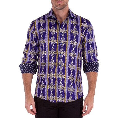 Damask Style Long Sleeve Dress Shirt // Royal Blue + Gold (XS)