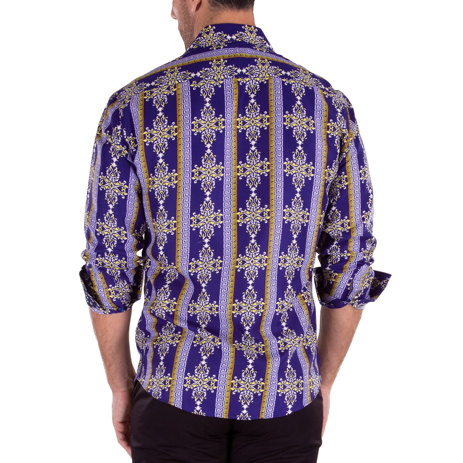 Damask Style Long Sleeve Dress Shirt // Royal Blue + Gold (L) - Bespoke ...