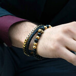 Gold Plated Stainless Steel Skull + Polished Onyx Stone Stretch Bracelet // 8"