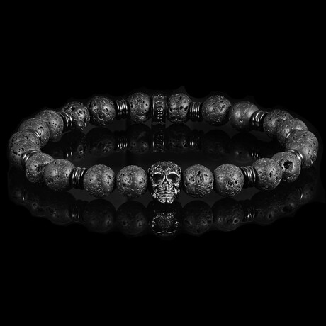 Black Plated Steel Skull + Lava Stone Stretch Bracelet // 8"