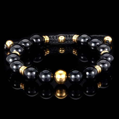 10mm Polished Onyx Stone + Gold Plated Accents Adjustable Bracelet // 8"