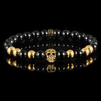 Gold Plated Stainless Steel Skull + Polished Onyx Stone Stretch Bracelet // 8"