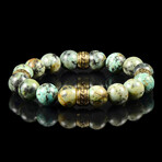 African Turquoise + Gold Plated Stainless Steel Accents Stretch Bracelet // 8"