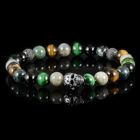 Moss Agate + Green Tiger Eye + Labradorite + Tiger Eye + Onyx Stone Stretch Bracelet // 8"