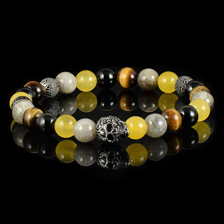 Steel Skull + Yellow Jade + Tiger Eye + Onyx + Labradorite Stretch Bracelet // 8"