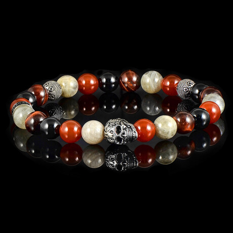 Skull Bead + Red Tiger Eye + Red Agate + Labradorite + Onyx Stretch Bracelet // 8"