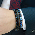 Blue Tiger Eye + Onyx Stone + Layered Leather Cuff Bracelet // 8.75"