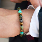 Skull Bead + Turquoise + African Turquoise + Tiger Eye + Bronzite Stretch Bracelet // 8"