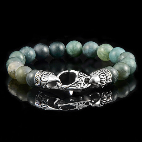 Matte Moss Agate Stone + Antiqued Stainless Steel Clasp // 8"