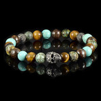 Skull Bead + Turquoise + African Turquoise + Tiger Eye + Bronzite Stretch Bracelet // 8"