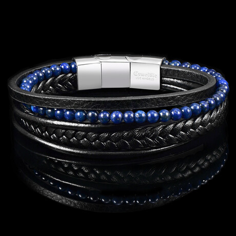 Lapis Lazuli Stone + Layered Leather Cuff Bracelet // 8.5"