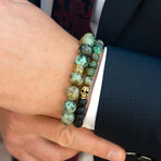 African Turquoise + Gold Plated Stainless Steel Accents Stretch Bracelet // 8"