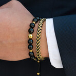 10mm Polished Onyx Stone + Gold Plated Accents Adjustable Bracelet // 8"