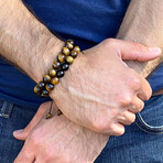 10mm Tiger Eye + Onyx Stone Adjustable Bead Bracelet // 8"