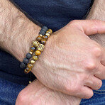 Tiger Eye Stone + Gold Plated Accents Adjustable Bracelet // 8"