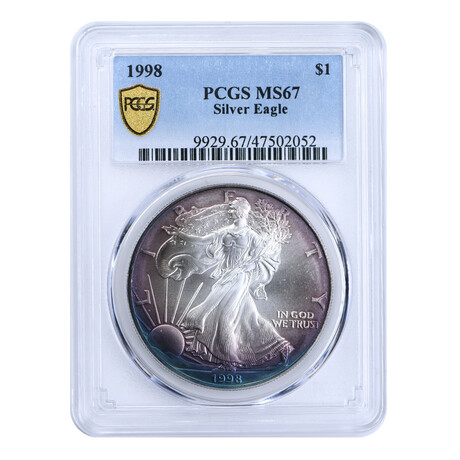 1998 1 oz American Silver Eagle // PCGS Certified MS68 // Peripheral Blue Toning