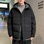 Hooded Arm Stripes Puffer Jacket // Black (S)