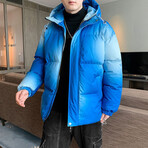 Ombre Circles Hooded Puffer Jacket // Blue (XL)