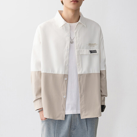 Blocked Button Up Shirt // White + Khaki (XS)