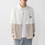 Blocked Button Up Shirt // White + Khaki (M)