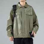 Faux Leather Jacket // Front Upper Pockets // Green (S)