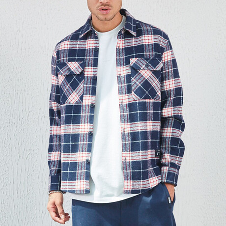 Long Sleeve Flannel Shirt // Navy Blue & Plaid (XS)