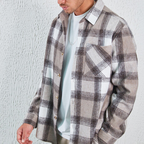 Long Sleeve Flannel Shirt // Beige & Brown Plaid (XS)