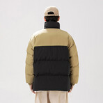High Collar Collor Blocked Puffer Jacket // Black + Beige (L)